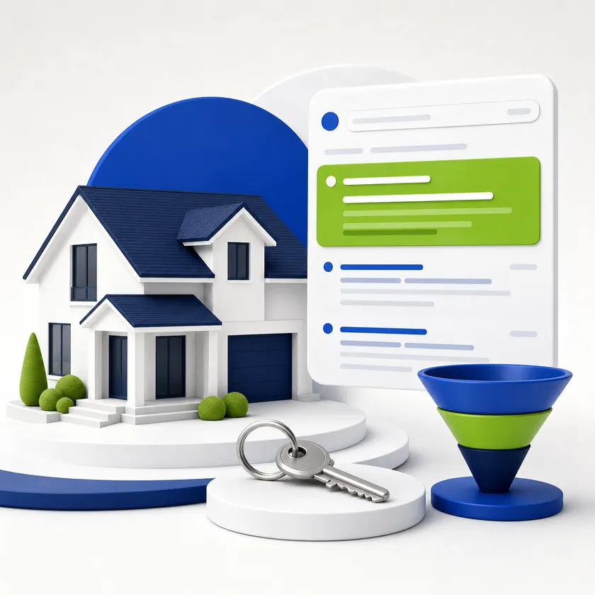 PPC for mortgage leads illustration with a house model, a sponsored Google search ad and a lead funnel