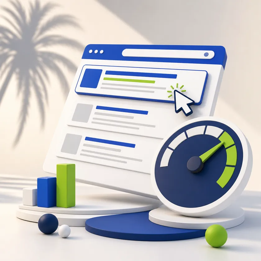 San Diego PPC management illustration with a sponsored search result, ad click and a bid gauge
