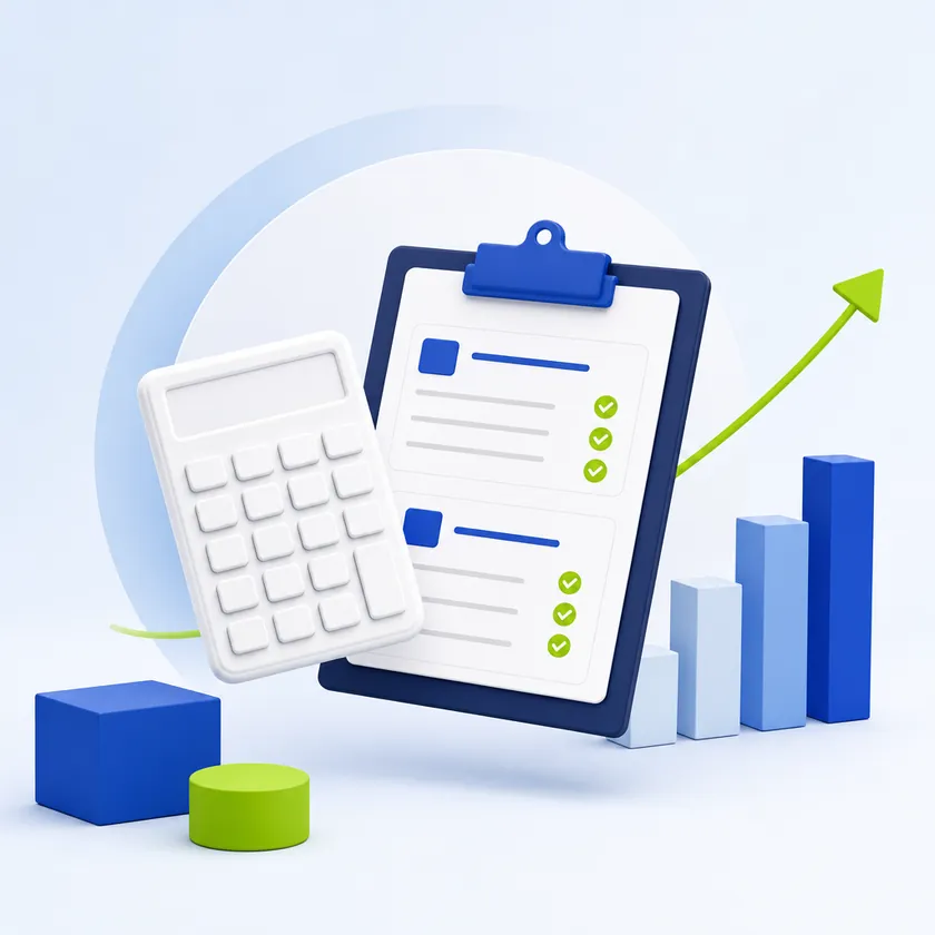 Digital marketing pricing illustration with a calculator, service plan checklists and growth chart