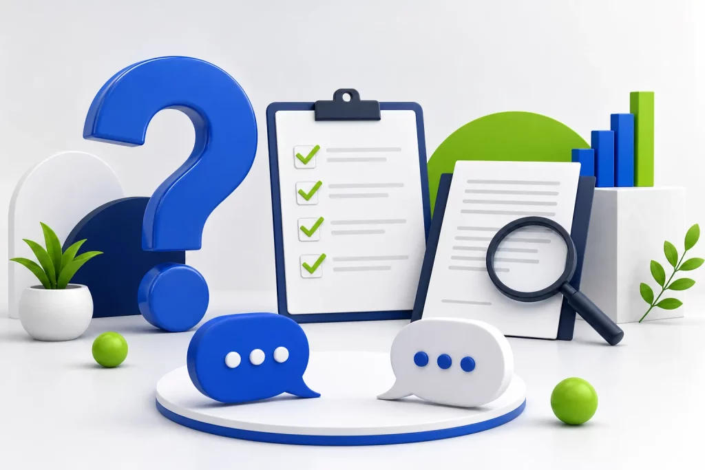 Questions to ask a marketing agency illustration with a question mark, hiring checklist and a magnifying glass reviewing an agency contract