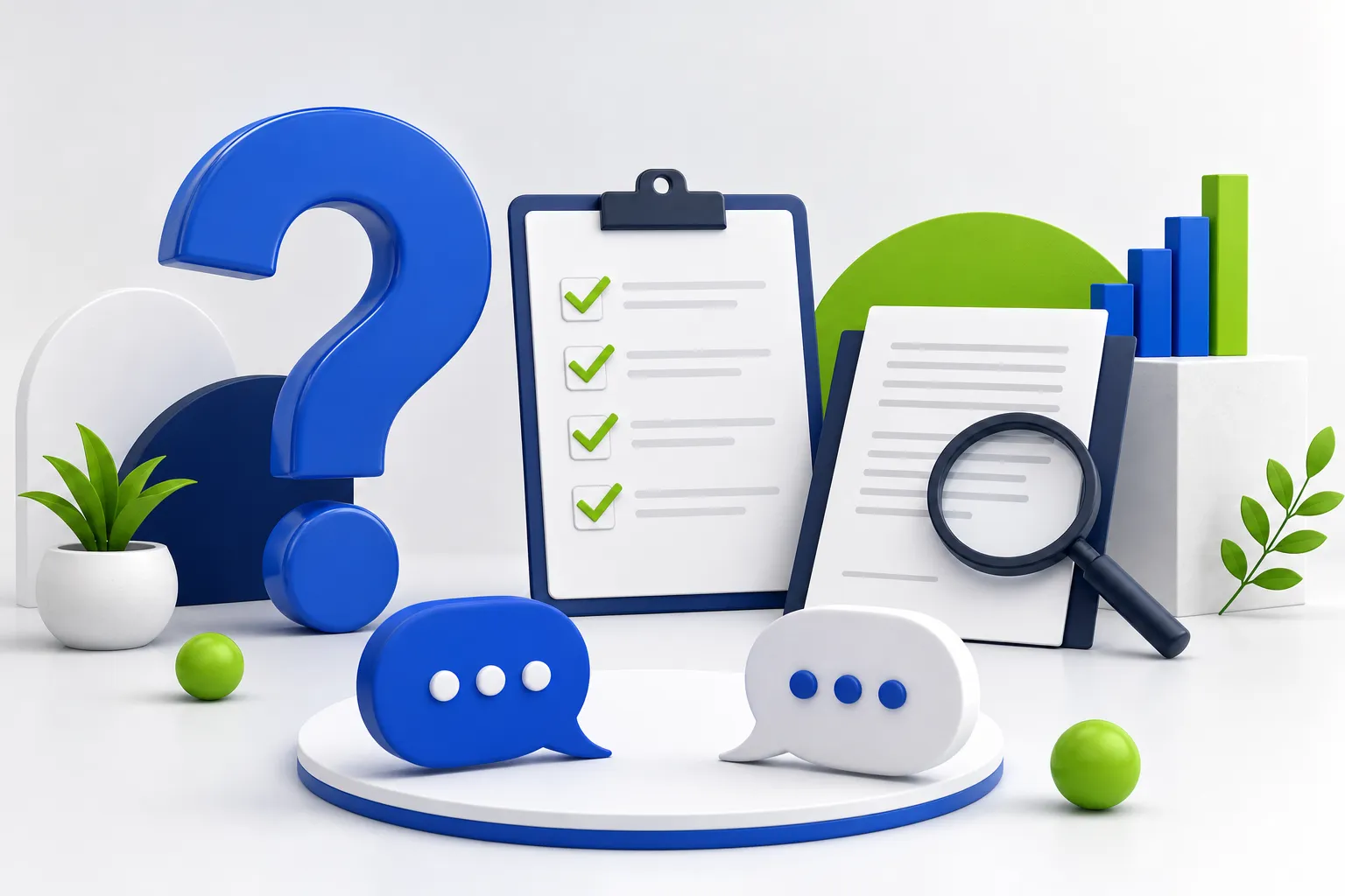 Questions to ask a marketing agency illustration with a question mark, hiring checklist and a magnifying glass reviewing an agency contract