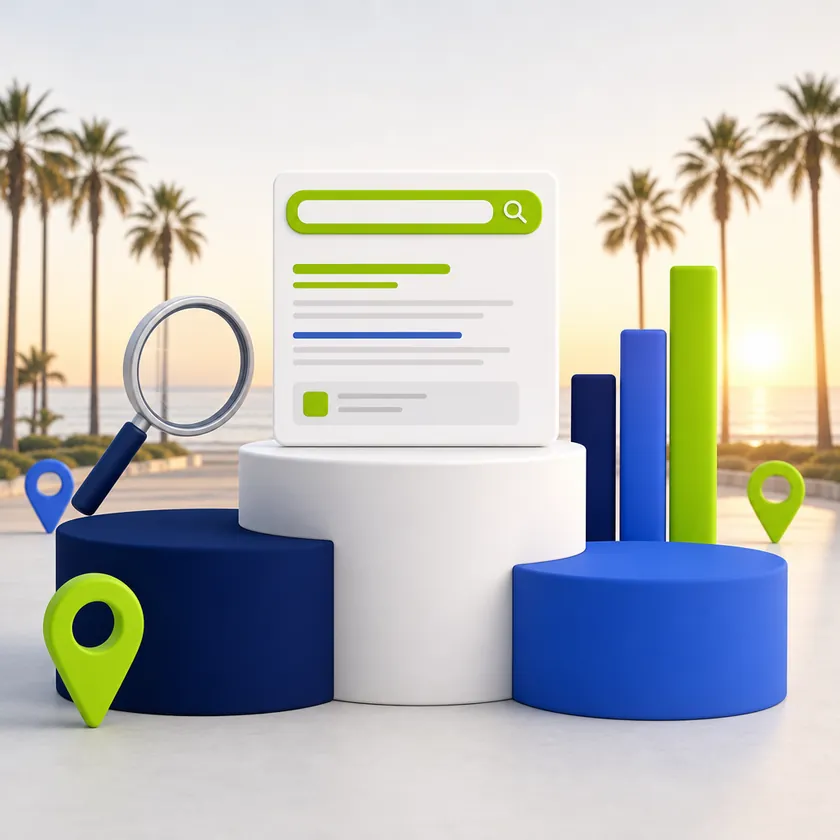 Oceanside SEO company illustration with a Google search result, map pins and growth bars on a palm-lined Southern California beachfront