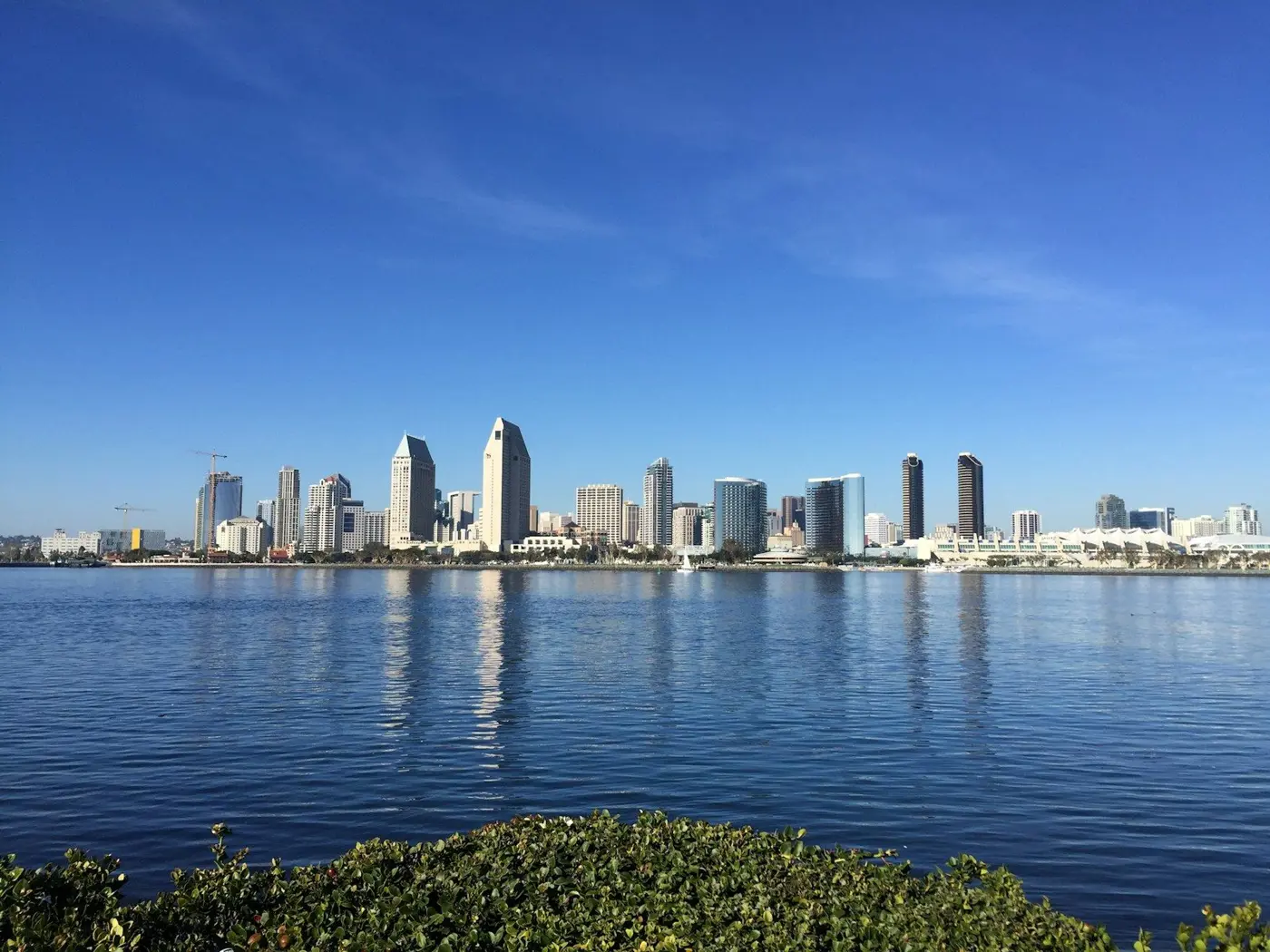 Downtown San Diego skyline across the bay from Coronado on a clear day