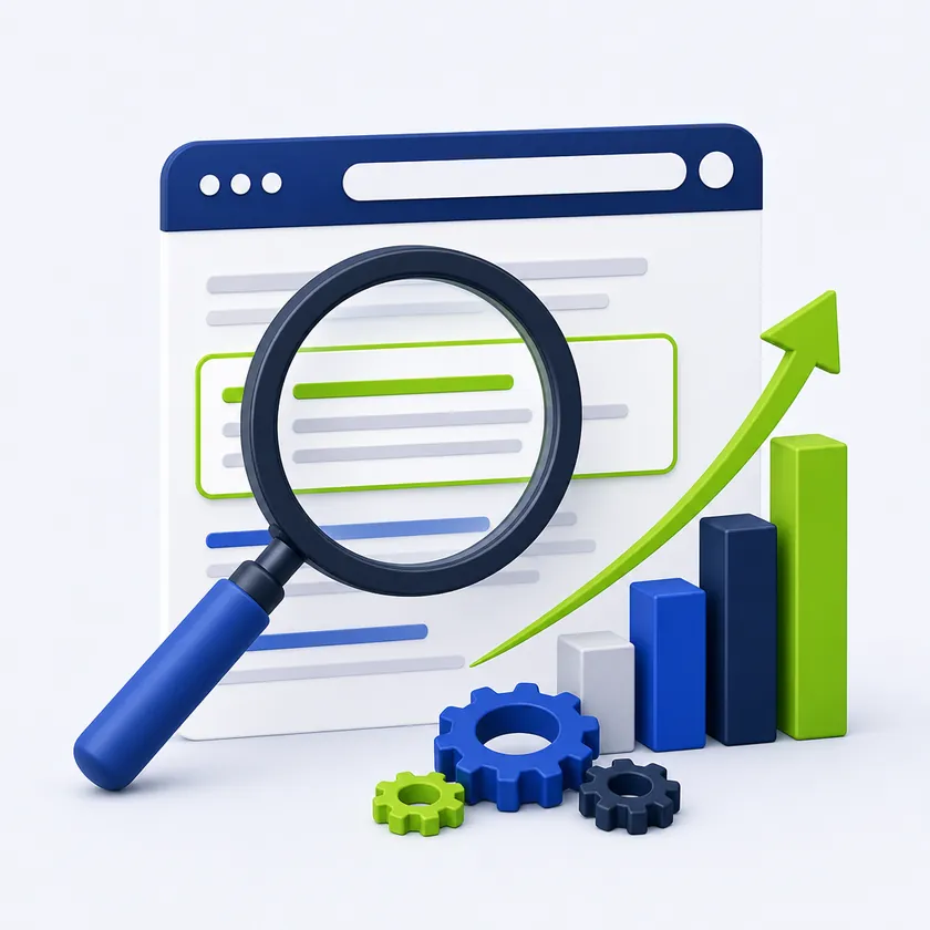SEO services illustration with a magnifying glass over a top organic Google search result and rising rankings chart