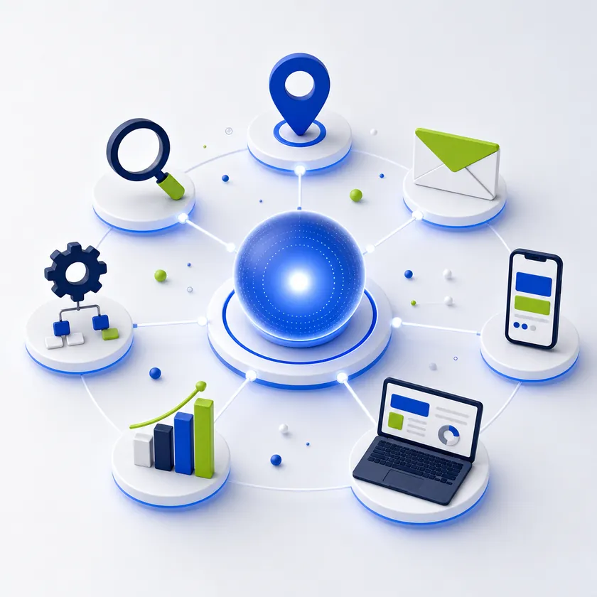 Digital marketing services illustration with a hub connecting SEO, local maps, email, social media, web design and analytics