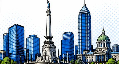 Comic-style Indianapolis skyline with the Soldiers' and Sailors' Monument, Salesforce Tower and the Indiana Statehouse dome