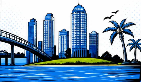 Comic-style San Diego skyline with the Coronado bridge, palm trees and the bay