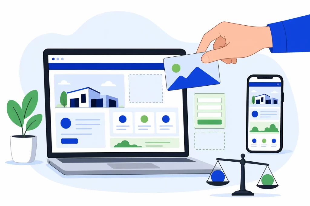 Small business website being built from page, form and photo blocks on a laptop and phone beside a scale weighing website cost and value