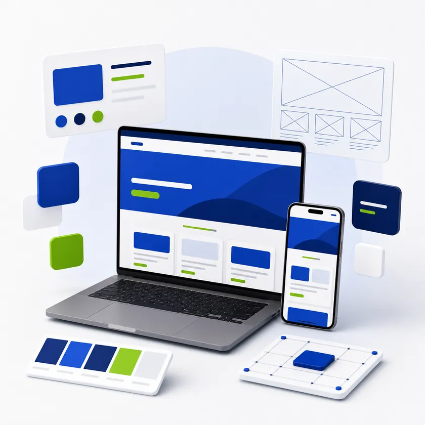Web design illustration with a responsive website on a laptop and smartphone, wireframes and a color palette