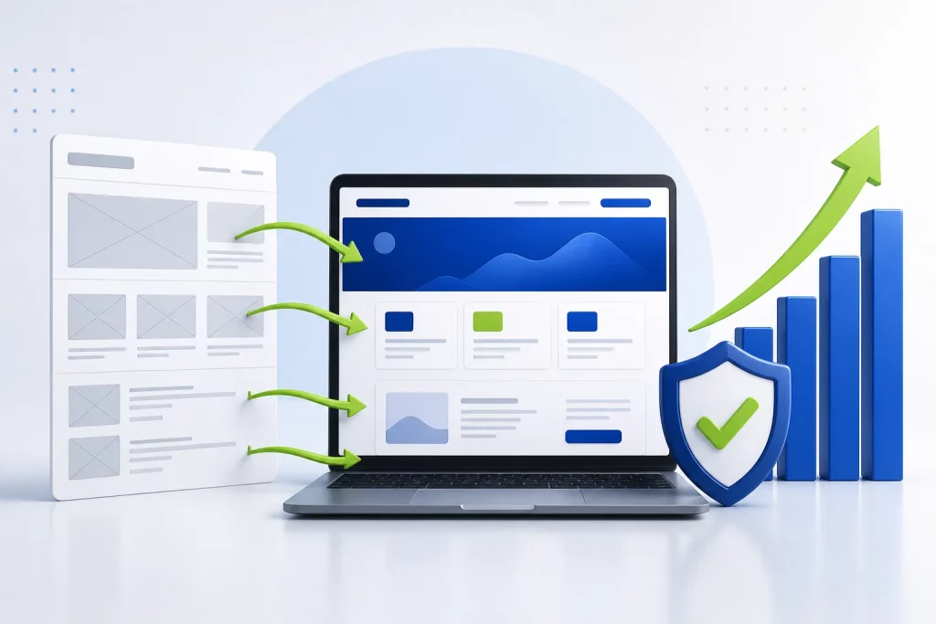 Website redesign SEO illustration with an old wireframe redirecting to a new website on a laptop, a shield protecting rankings and a rising traffic chart