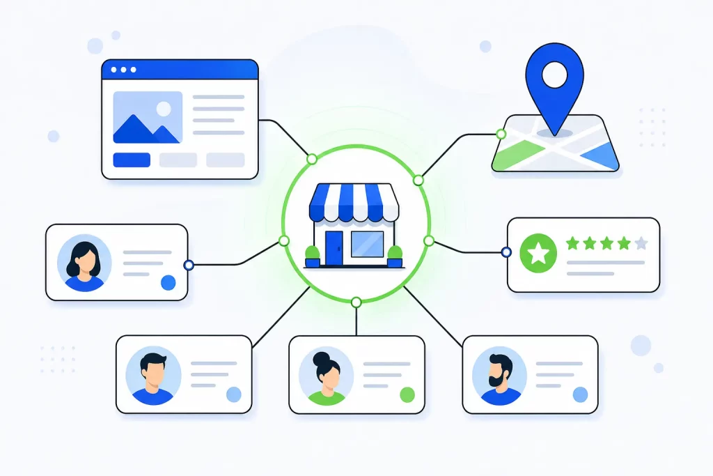 Entity SEO knowledge graph connecting a local business to its website, map listing, reviews and profiles as one recognized entity