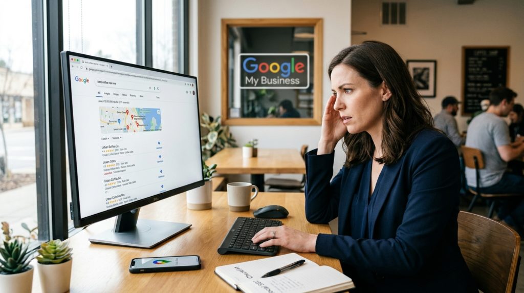 Local SEO search results on a smartphone showing Google Map Pack rankings and missing business pin